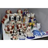 A COLLECTION OF MAINLY REPRODUCTION STAFFORDSHIRE AND STAFFORDSHIRE-STYLE MANTEL DOGS, FLATBACK