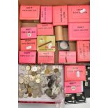 A BOX OF WORLD COINS, to include some with silver content, and some in an individual small plastic