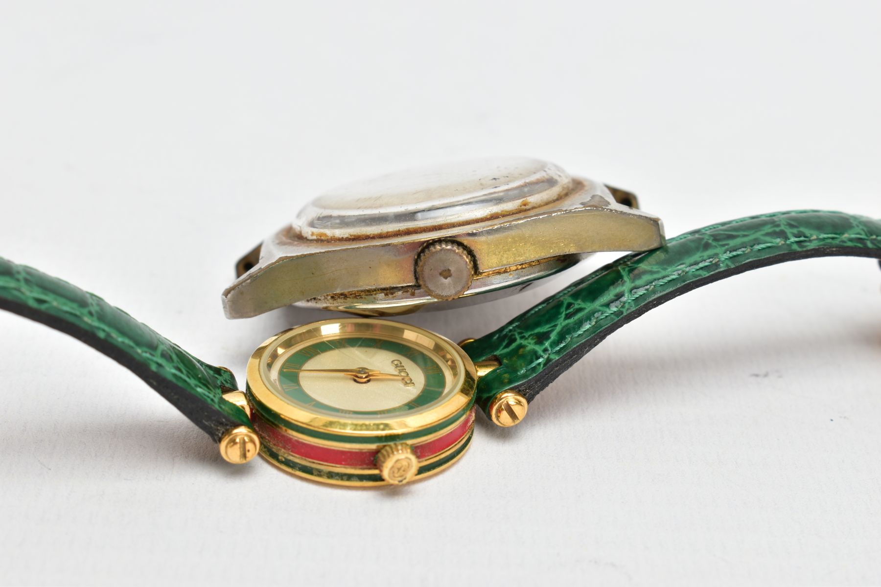 A GUCCI WRISTWATCH WITH ONE OTHER, round shimmer dial with a green border, signed 'Gucci', Roman - Image 5 of 5