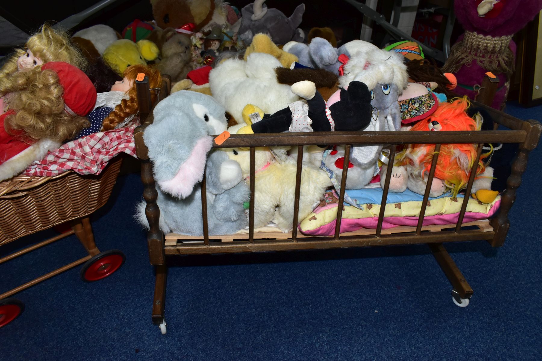 THREE BOXES AND LOOSE SOFT TOYS, DOLLS, DOLLS PRAM AND CRADLE, to include approximately eighteen - Image 9 of 13