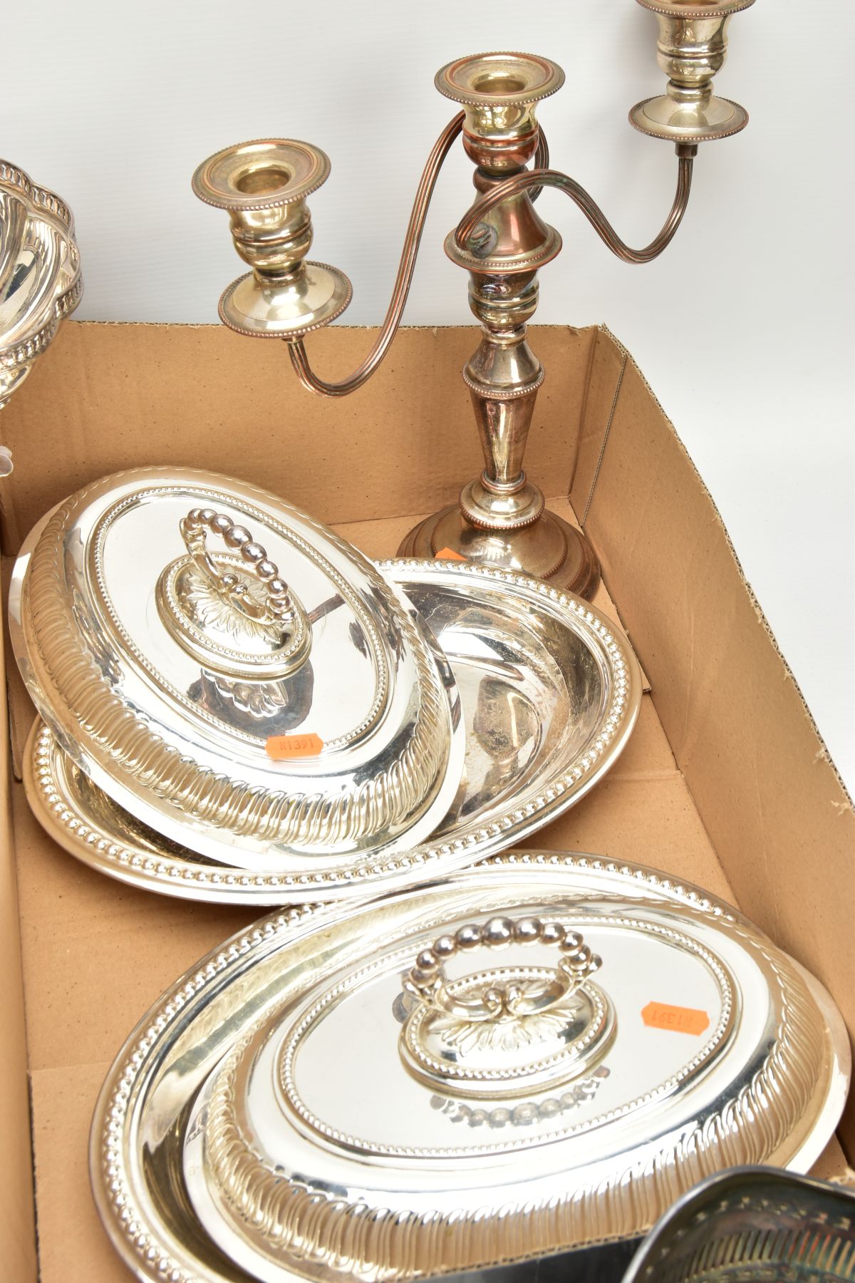 TWO BOXES OF WHITE METAL WARE, to include two circular entree dishes with covers, two oval entree - Image 4 of 7