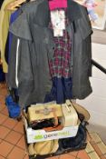 TWO BOXES AND LOOSE LADIES' AND MEN'S CLOTHING, BAGS AND HATS to include a Barbour body warmer, a