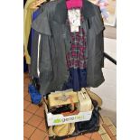 TWO BOXES AND LOOSE LADIES' AND MEN'S CLOTHING, BAGS AND HATS to include a Barbour body warmer, a