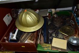 TWO BOXES AND LOOSE SUNDRY ITEMS ETC, to include seventeen assorted vintage golf clubs, two silver