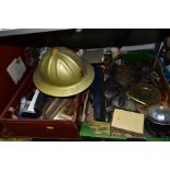 TWO BOXES AND LOOSE SUNDRY ITEMS ETC, to include seventeen assorted vintage golf clubs, two silver