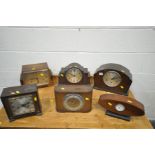 SIX VARIOUS ART DECO MANTEL CLOCKS, of various shapes and materials, four with pendulums and three