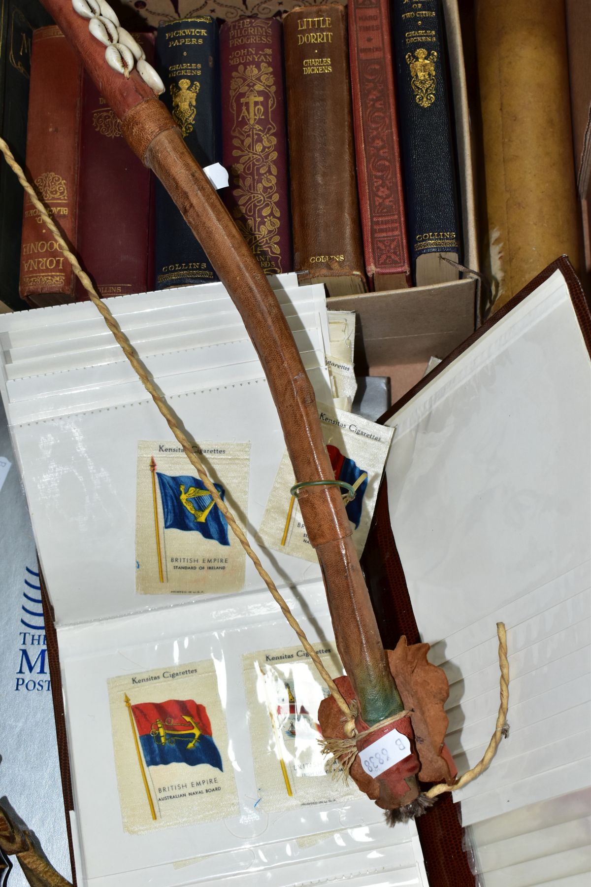 A BOX OF CHARLES DICKENS AND OTHER BOOKS, A TURNED WOODEN TRUNCHEONS, THREE ROLLED ORDER OF - Image 4 of 9