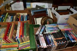 SIX BOXES OF BOOKS, DVDS AND PICTURES ETC, to include books about buiseness management and buying,