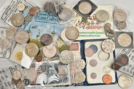 A SMALL CARDBOARD BOX OF COINS AND COMMEMORATIVES, to include some silver coinage, a 1907 Edward VII