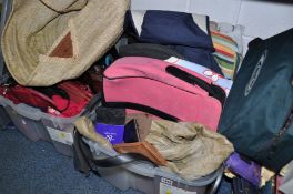 FOUR BOXES OF LADIES SCARVES, ASSORTED BAGS, PURSES, ETC, including a pair of Hi-Tec ladies size 4