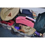 FOUR BOXES OF LADIES SCARVES, ASSORTED BAGS, PURSES, ETC, including a pair of Hi-Tec ladies size 4