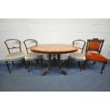 A LATE VICTORIAN WALNUT AND MARQUETRY INLAID OVAL TILT TOP LOO TABLE, on a base with four turned