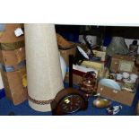 SIX BOXES AND LOOSE LAMPS, BOOKS, PICTURES, CERAMICS AND SUNDRY ITEMS, to include a copper spirit