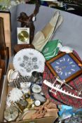 A BOX AND LOOSE SUNDRY ITEMS ETC, to include a bronzed pewter table lamp in the form of a female