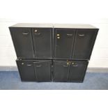 A SET OF FOUR BLACK DOUBLE DOOR CABINETS with a single shelf and shelfs attached to door, width 61cm