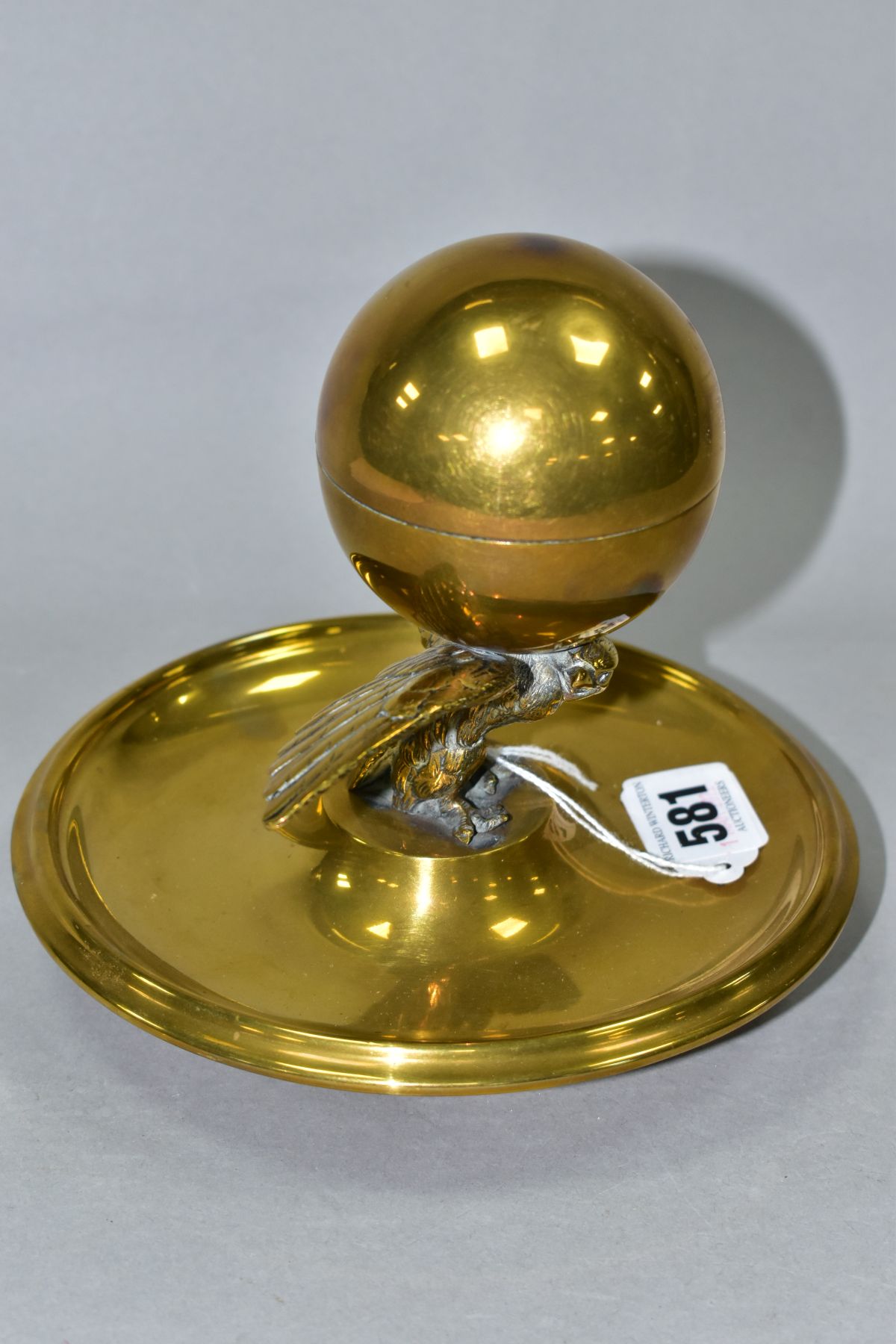 A BRASS INKSTAND IN THE FORM OF AN EAGLE AND ORB, incorrect glass liner, liner retaining ring is - Image 2 of 6