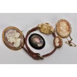 TWO CAMEO BROOCHES, JET PENDANT AND AN OMEGA WATCH, a cameo brooch, depicting a lady in profile, set