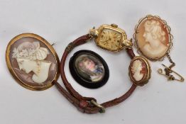 TWO CAMEO BROOCHES, JET PENDANT AND AN OMEGA WATCH, a cameo brooch, depicting a lady in profile, set