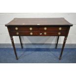 A REPRODUCTION MAHOGANY AND CROSSBANDED SIDE TABLE, with four drawers, on turned and fluted legs,