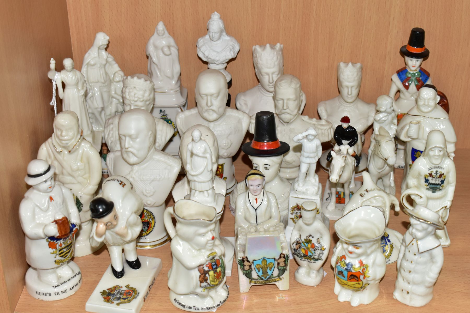 APPROXIMATELY TWENTY EIGHT CRESTED CHINA BUSTS AND FIGURES, ETC, including a Willow Art statue of