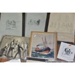 PEN, INK AND WASH CARTOONS AND PRINTS, comprising a cartoon of a man whistling to birds signed Noel,