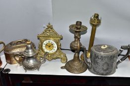 SEVEN ITEMS OF METALWARE, comprising an easel backed cast brass mantel clock, gilt metal and
