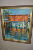 G CADBURY (20TH CENTURY), A COLOURFUL BUILDING ON A PIER OVER WATER, signed bottom right, oil on