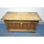 AN OAK BLANKET CHEST, width 92cm x depth 43cm x height 49cm (condition:-multiple fluid marks to