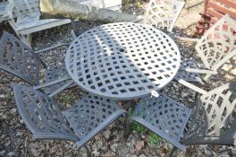 A MODERN CAST ALUMINIUM PATIO SET with a 107cm round pierced latticework top, parasol and base and