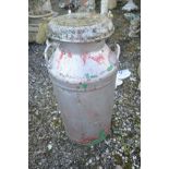 A VINTAGE PAINTED STEEL MILK CHURN with two handles and lid, height 72cm