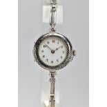 A LADY'S SILVER WRISTWATCH, hand wound movement, round white dial, Arabic numberals, gold coloured