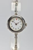 A LADY'S SILVER WRISTWATCH, hand wound movement, round white dial, Arabic numberals, gold coloured