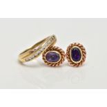 A 9CT GOLD DIAMOND HALF ETERNITY RING AND A PAIR OF 9CT GOLD AMETHYST EARRINGS, the ring of a