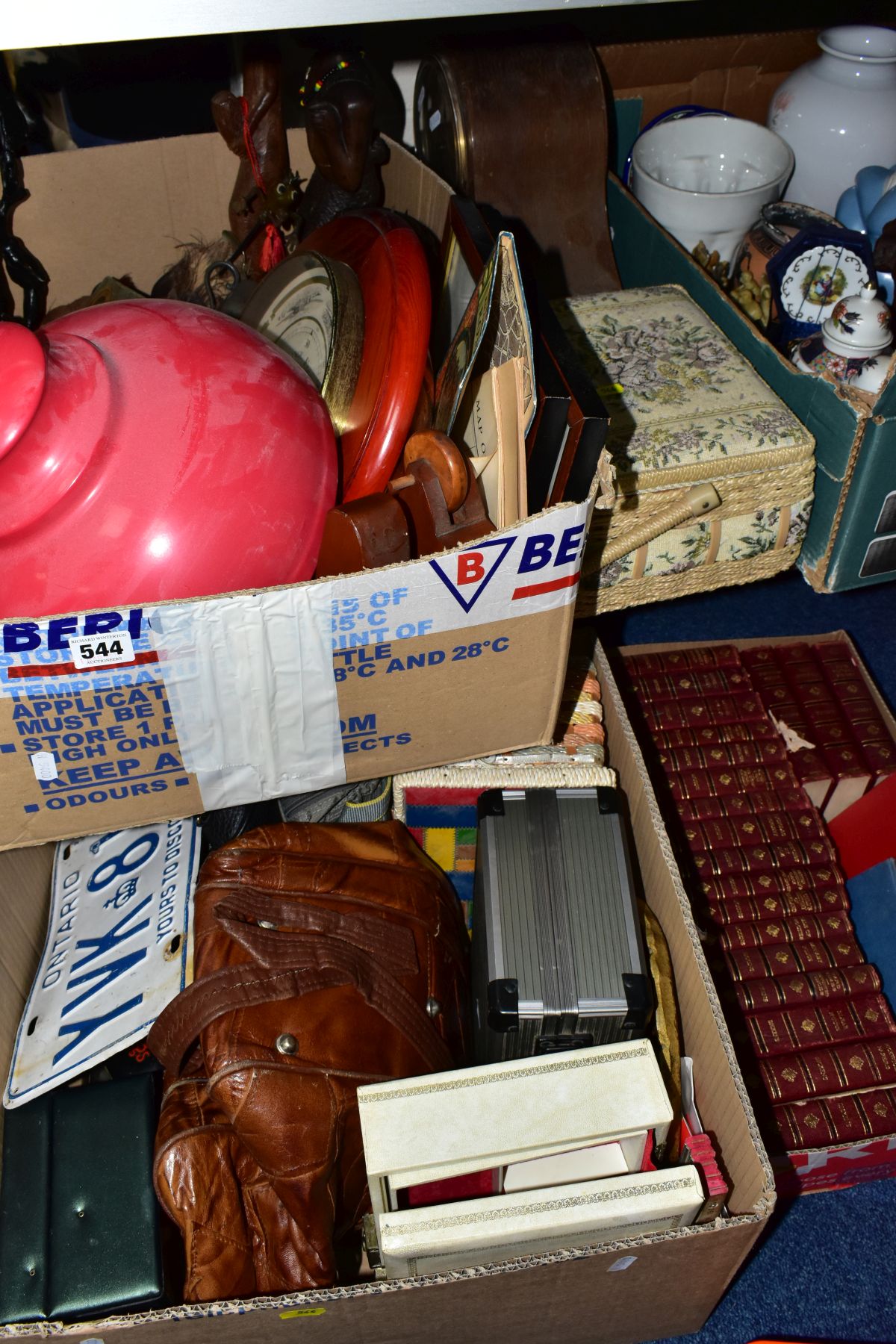 FOUR BOXES AND LOOSE CERAMICS, TREEN, BOOKS, BAGS, ETC, including African carvings, metal light