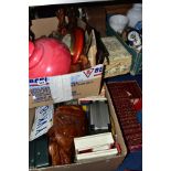 FOUR BOXES AND LOOSE CERAMICS, TREEN, BOOKS, BAGS, ETC, including African carvings, metal light