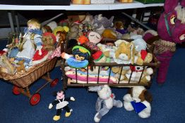 THREE BOXES AND LOOSE SOFT TOYS, DOLLS, DOLLS PRAM AND CRADLE, to include approximately eighteen
