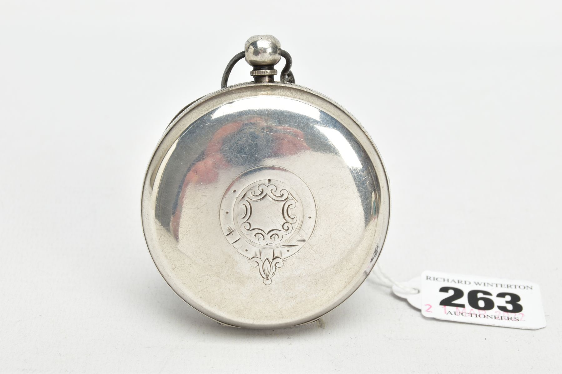 A SILVER OPEN FACE POCKET WATCH, (non-running) round white dial, Roman numerals, seconds - Image 2 of 5