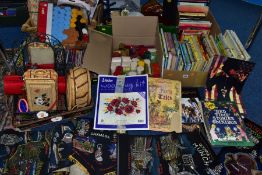 FIVE BOXES AND LOOSE BOOKS, CDS, DVDS, RUG MAKING KITS AND SUNDRY ITEMS, to include seventy books