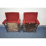 TWO VINTAGE RED VELVET CINEMA/THEATRE ARMCHAIRS, width 58cm x depth 38cm x height 82cm