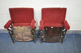 TWO VINTAGE RED VELVET CINEMA/THEATRE ARMCHAIRS, width 58cm x depth 38cm x height 82cm