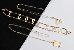 A 9CT GOLD OPENWORK BRACELET AND TWO PENDANT NECKLACES, the bracelet designed with two curb link