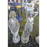 TWO COMPOSITE GARDEN FIGURES, both in the form of scantily clad ladies standing 80cm and 78cm high