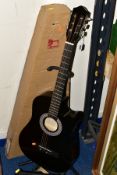 AN ACOUSTIC-ELECTRIC GUITAR WITH AMPLIFIER, a black unnamed guitar having electrical controls,