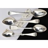 FOUR SILVER TEASPOONS, to include two George IV, old English pattern spoons each with an engraved