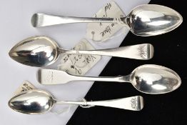 FOUR SILVER TEASPOONS, to include two George IV, old English pattern spoons each with an engraved