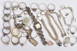 A BAG OF ASSORTED SILVER AND WHITE METAL JEWELLERY AND A BOXED LADYS WRISTWATCH, to include a silver