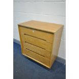 JOHN AND SYLVIA REID FOR STAG, A LIGHT OAK C RANGE CHEST OF FOUR DRAWERS, on cylindrical legs,