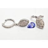 A PEAR CUT TANZANITE STONE AND A PAIR OF WHITE METAL DROP EARRINGS, loose pear cut tanzanite,