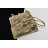 A LEATHER EVENING BAG WITH PAINTED JAPANESE SCENE, containing a coin purse, mirror, a 1958 one