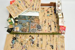 A BOX OF ASSORTED COSTUME JEWELLERY, to include a large selection of costume jewellery earrings, a